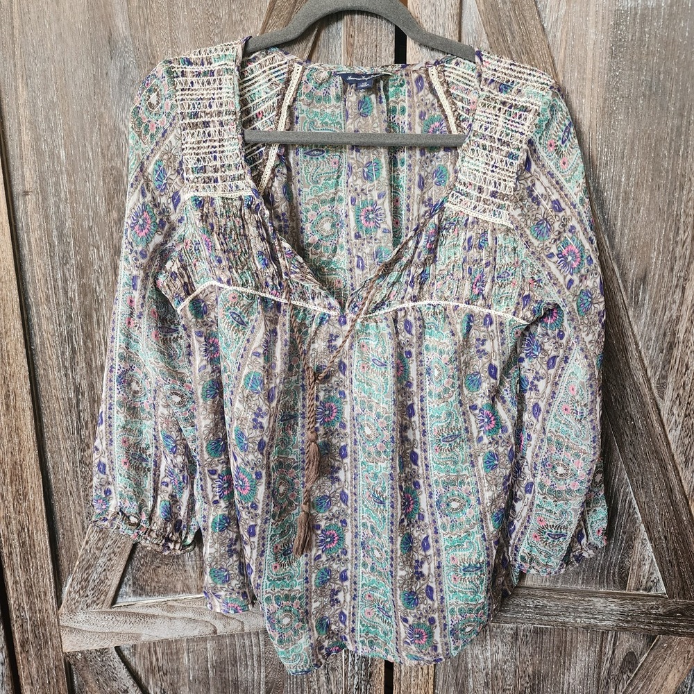 American Eagle Blouse Women Size L Embroidered‎ Boho Print Sheer Tassel Metallic